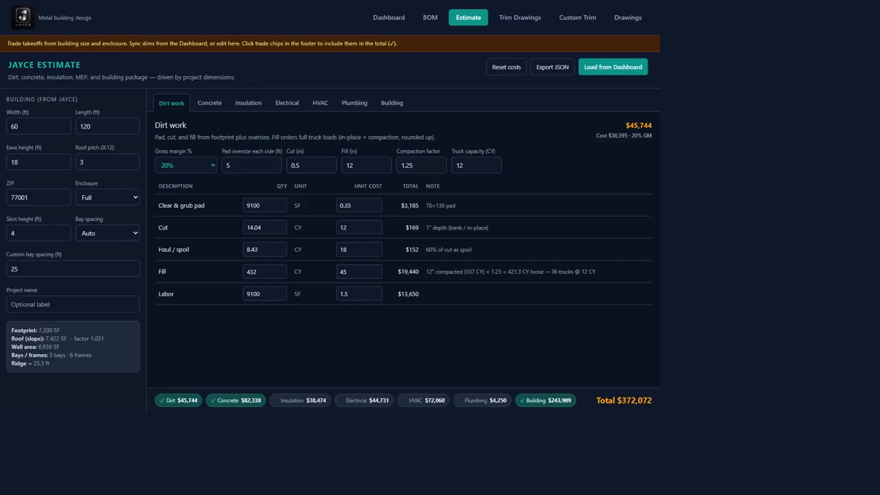 Jayce estimate workspace with trade totals